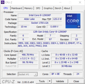 G-Tune EP-Z,Core i9-12900K,性能,CPUZ