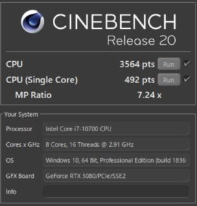 GALLERIA XA7C-R38,Core i7-10700,性能,ベンチ,R20