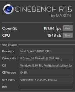 GALLERIA XA7C-R38,Core i7-10700,性能,ベンチ,R15,RTX3080